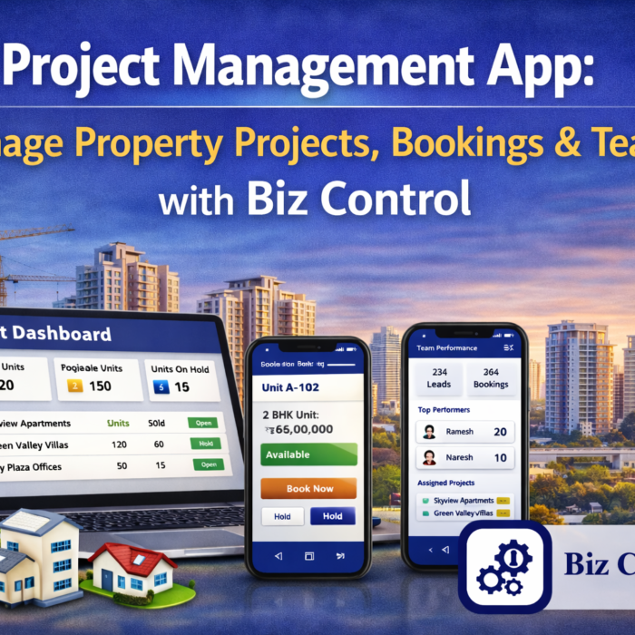 Project Management App helps builders and businesses manage projects, property bookings, teams, inventory, and reports from one dashboard.